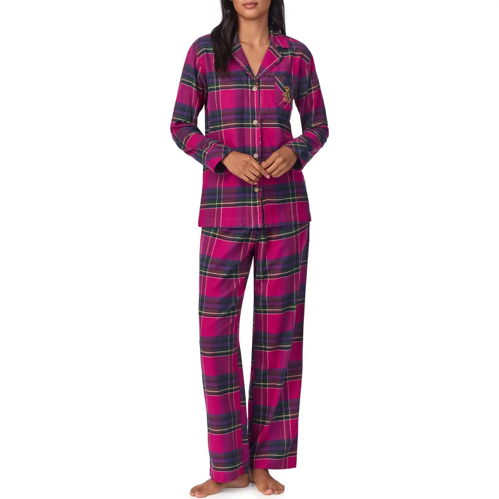 Lauren Ralph Lauren Print Cotton Blend Pajamas in Dark Pink Plaid at Nordstrom, Size X-Large | Nordstrom