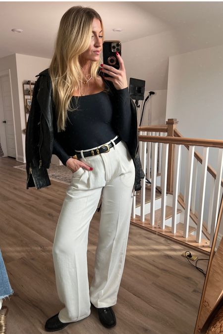 White trouser + bodysuit + leather jackett

#LTKbeauty #LTKstyletip #LTKSeasonal