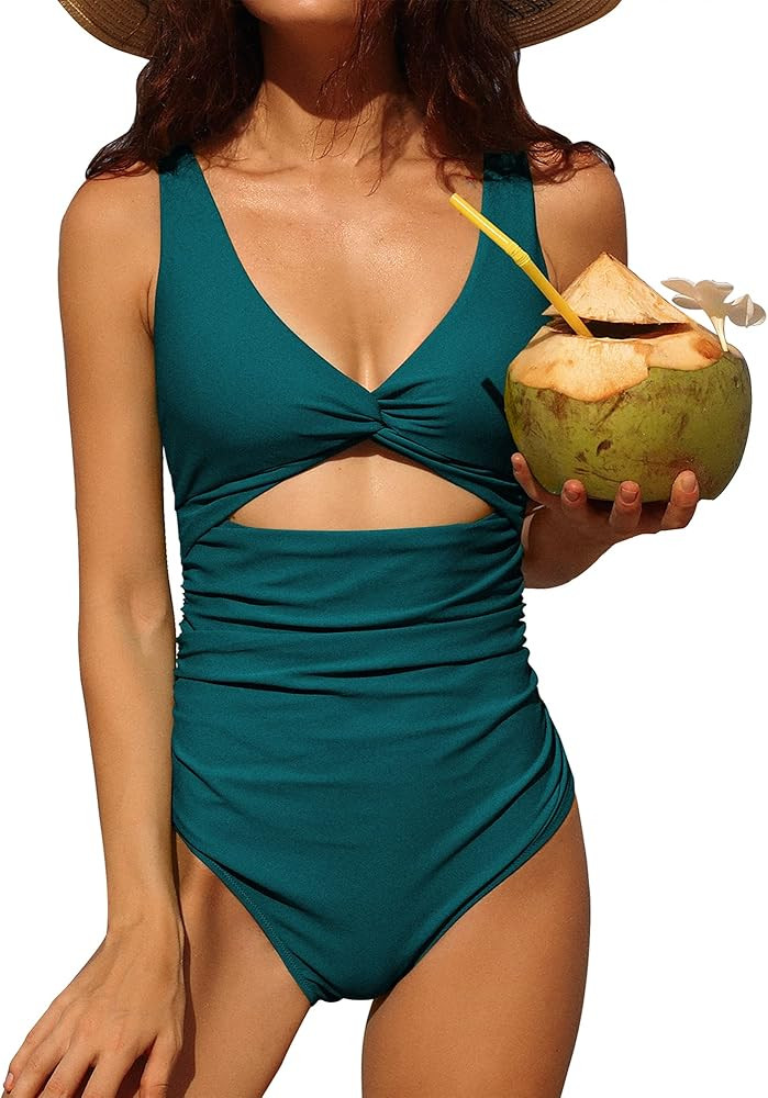 Charmo Womens One Piece Swimsuit Ruched Tummy Control High Cut Backless V Neck Bathing Suits Swim... | Amazon (US)