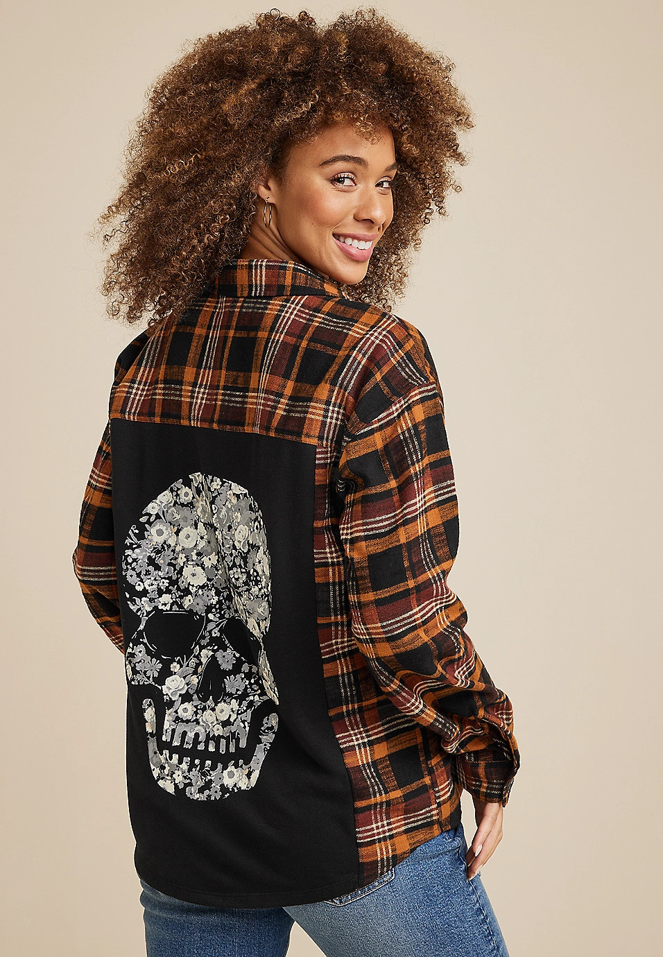 Plaid Skull Graphic Back Boyfriend Tunic Shirt | Maurices