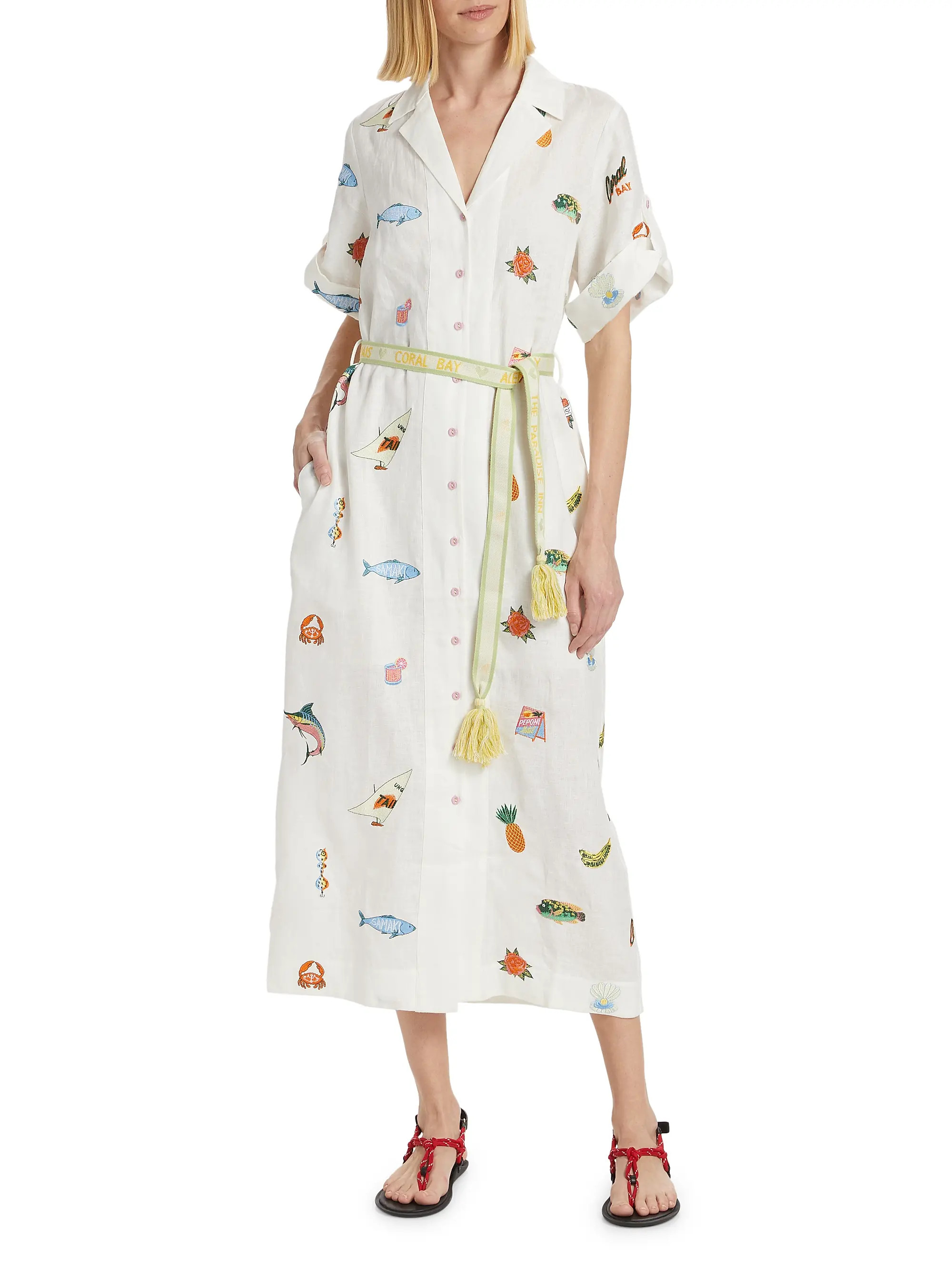 Blue Marlin Linen Embroidered Midi- Dress | Saks Fifth Avenue