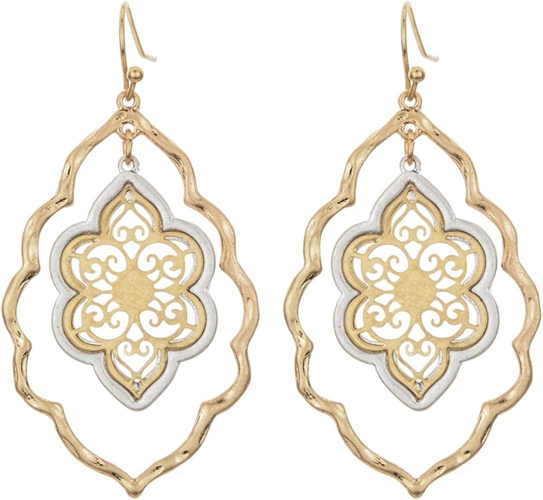 Amazon.com: Gold Filigree Flower Earrings for Women Dangling Jewelry (gold filigree earrings): Cl... | Amazon (US)