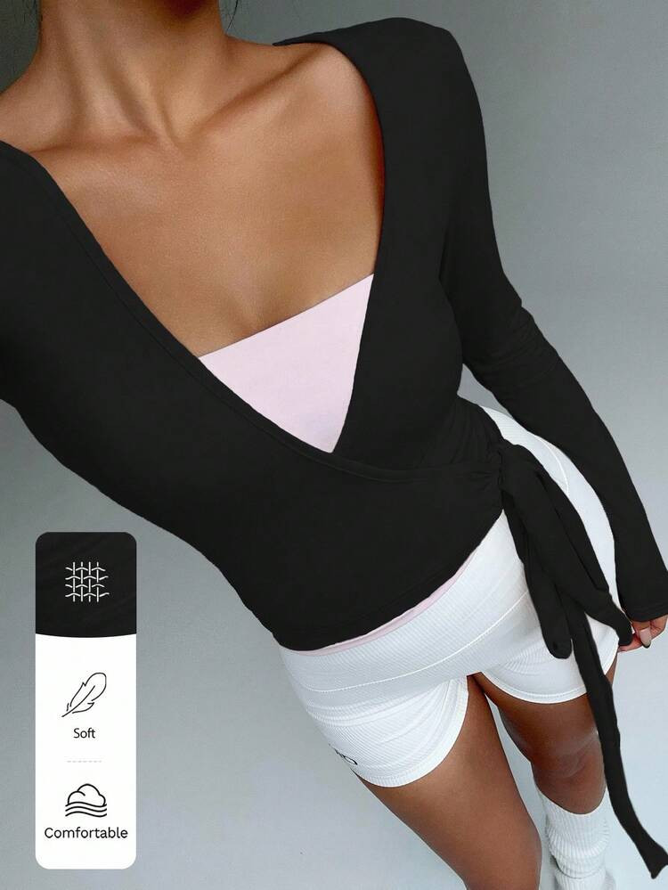 FavEase Pink Yoga Fitness Sports Stretchy Soft Open Front Tie-Up V-Neck Wrap Long Sleeve Cropped Tight Tee, Fashionable Minimalist Casual Elegant Wardrobe Essential Design For Women, Spring/Autumn Fall Cloth For Women | SHEIN