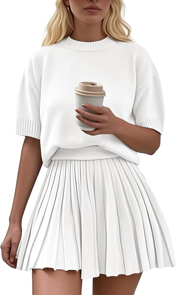 Womens 2 Piece Outfits Short Sleeve Crewneck Knit Tops And Pleated Mini Skirt Two Piece Sets | Amazon (US)