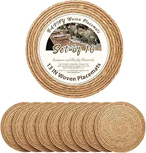 13 in Round Woven Placemats Plate Chargers Set of 10, Boho Farmhouse Rustic Woven Place Mats for ... | Amazon (US)