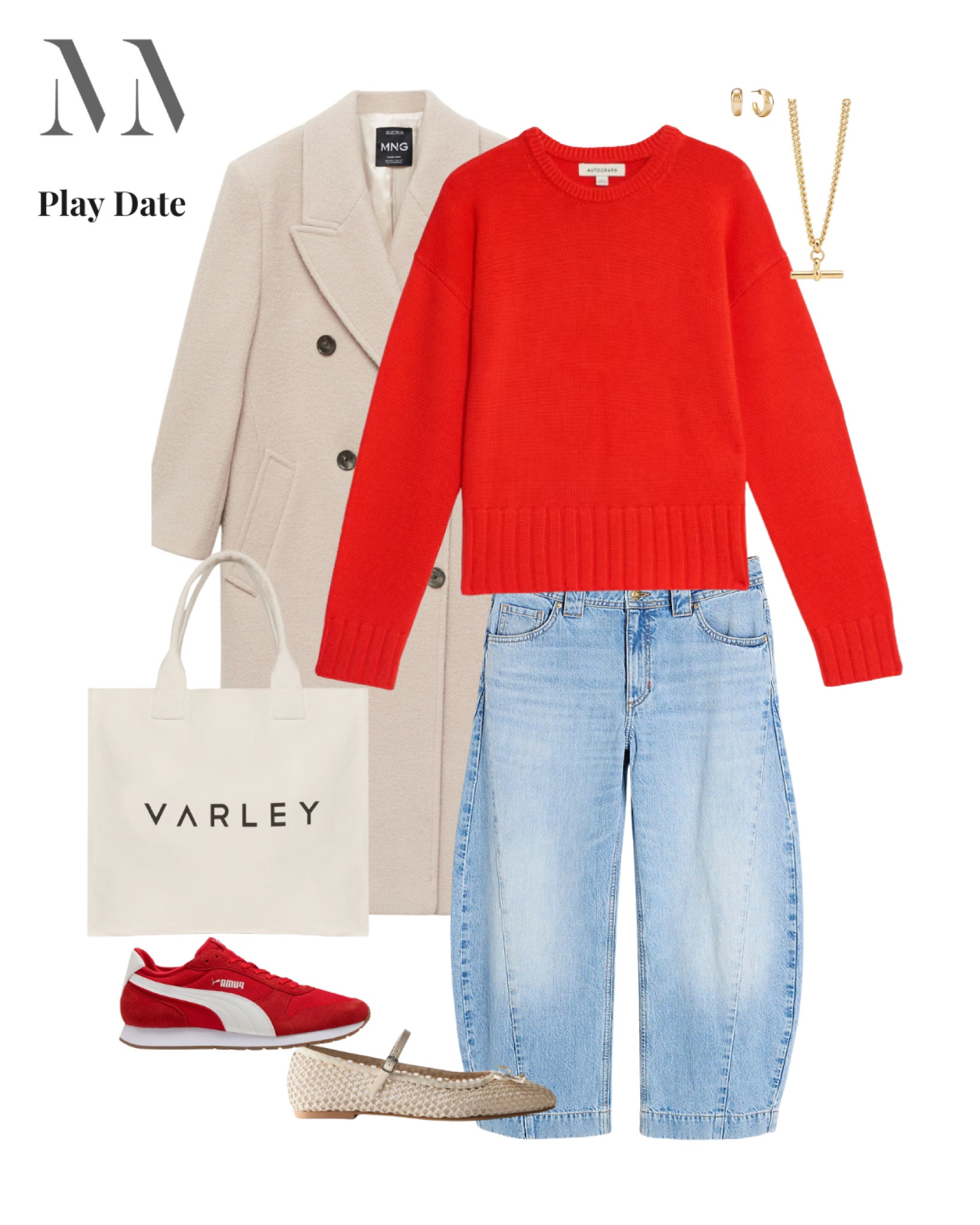 Casual but chic, this playdate-ready look is all about practical comfort with a stylish edge the cosy red knit adds a pop of colour, paired with relaxed fit denim for ease of movement. A neutral coat keeps things polished, choose between trainers or pretty flats depending on your plans. Finish with simple gold jewellery and a canvas tote for all the essentials. Perfect for running around in style! 

#LTKspring #LTKmidsize #LTKuk