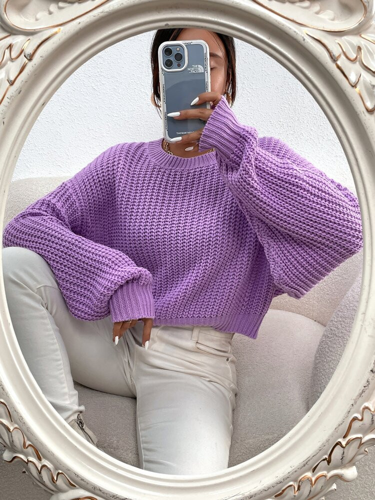 Solid Ribbed Knit Drop Shoulder Sweater | SHEIN