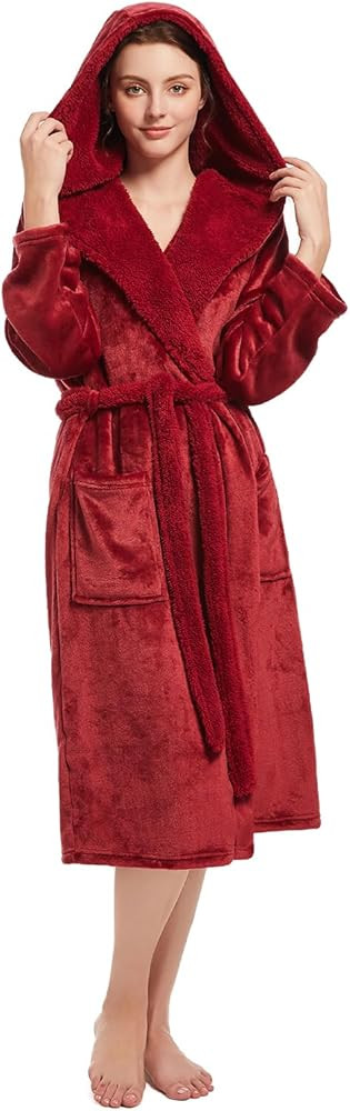Womens Hooded Robe,Plush Fleece Soft Robe for Women,Cozy Warm Bathrobe,Spa robe With Pockets | Amazon (US)