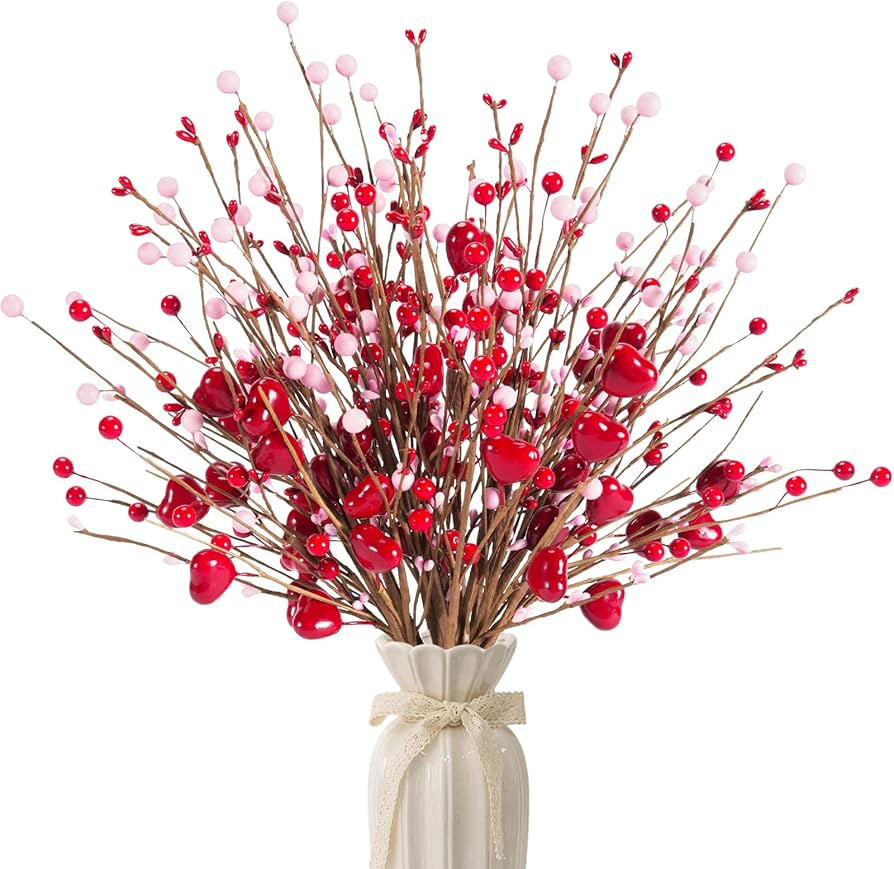 Valentine's Day Gifts 24 Pack Red Heart Shaped Berry Picks with Pink Berries for Valentines Day W... | Amazon (US)