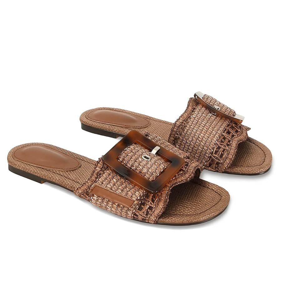 Raffia Sandals for Women Buckle Straw flats Woven Braided Rattan Slides Summer Beach Sandals Comf... | Amazon (US)