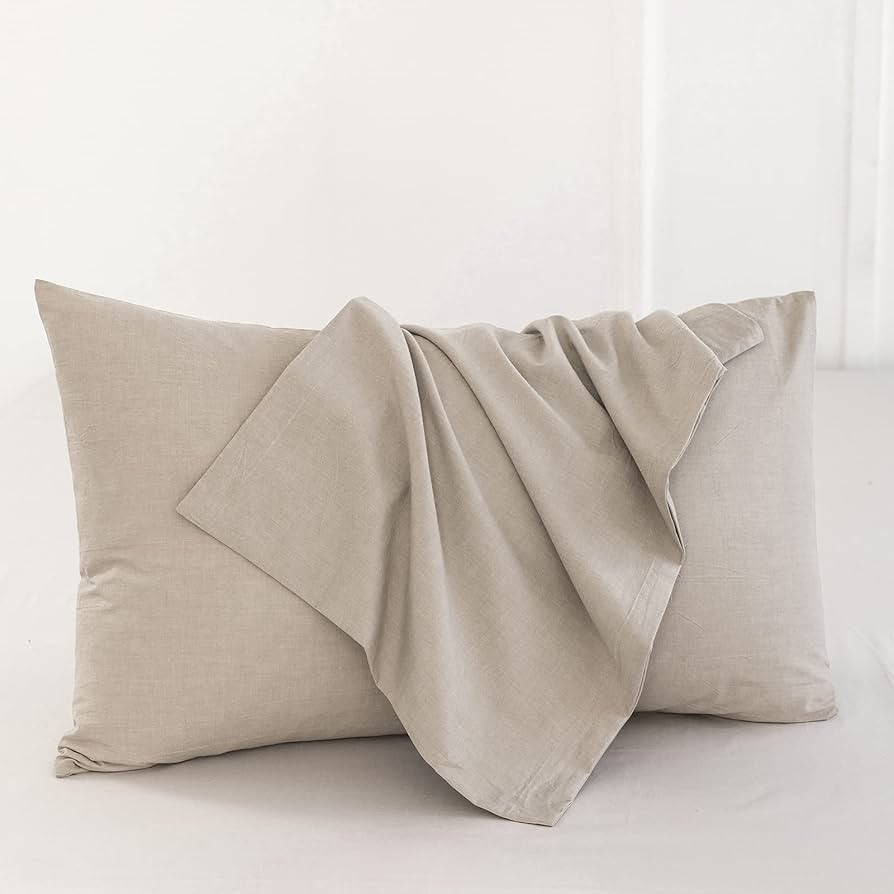 Amazon.com: MooMee Bedding Pillowcases Pack of 2 100% Washed Cotton Linen Like Textured Breathable Durable Soft Comfy (Heathered Tannish Linen Grey, Queen) : Home & Kitchen | Amazon (US)