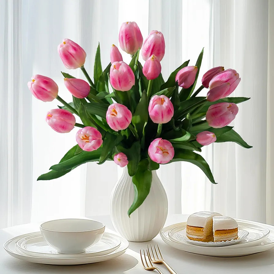20PCS Fake Tulips 12' Artificial Tulip Silk Flowers Fake PU Bouquet Artificial Flowers Faux Flowe... | Amazon (US)