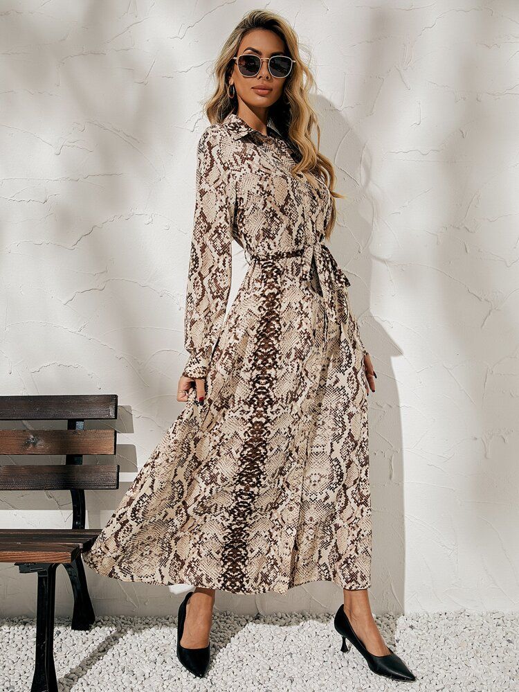 Snakeskin Print Belted Shirt Dress | SHEIN