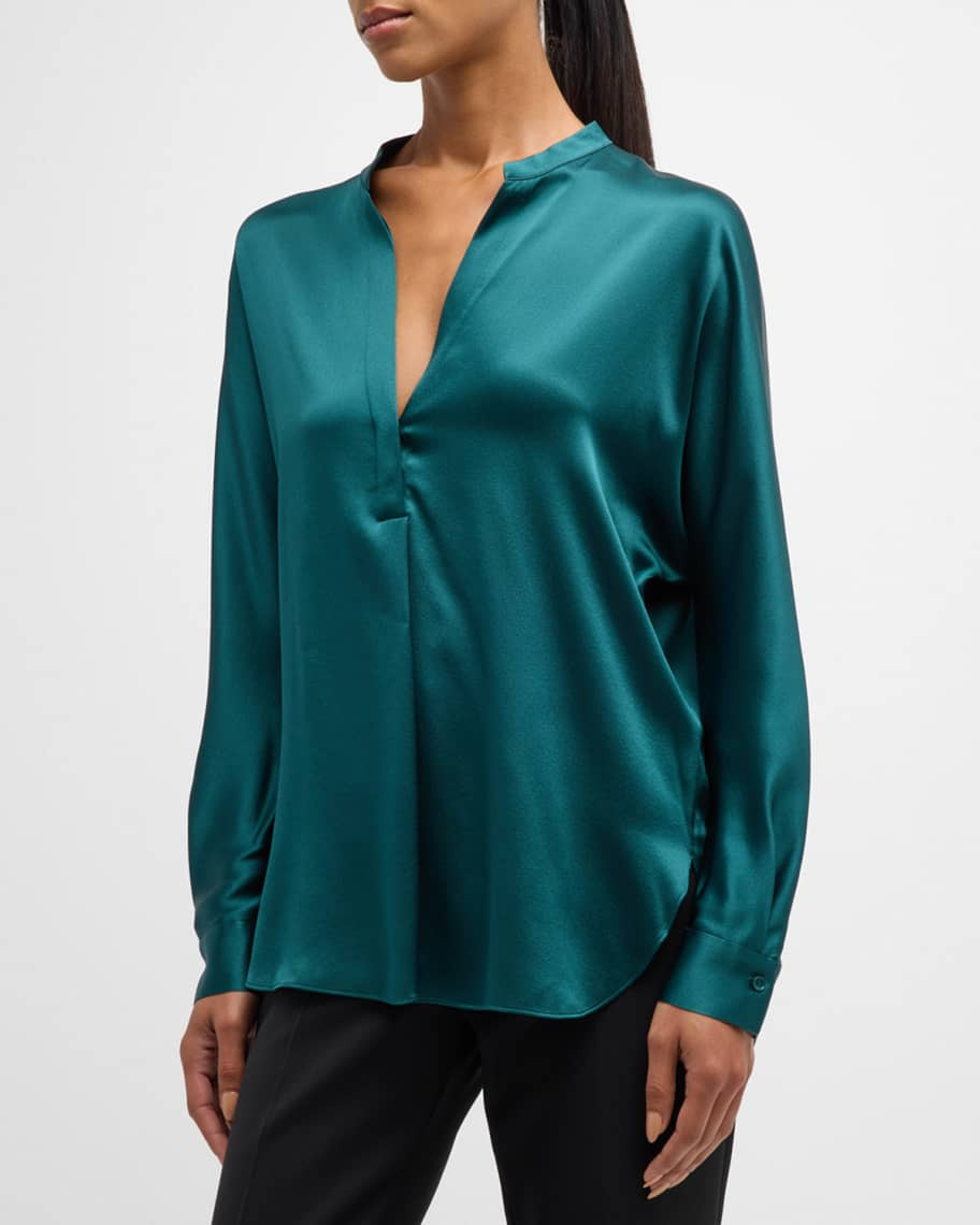 Band-Collar Split-Neck Silk Blouse | Neiman Marcus