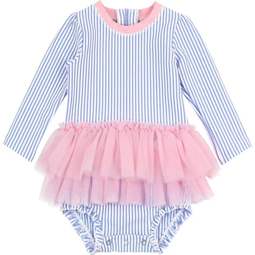 RuffleButts Seersucker Long Sleeve One-Piece Swimsuit in Blue at Nordstrom, Size 0-3M | Nordstrom