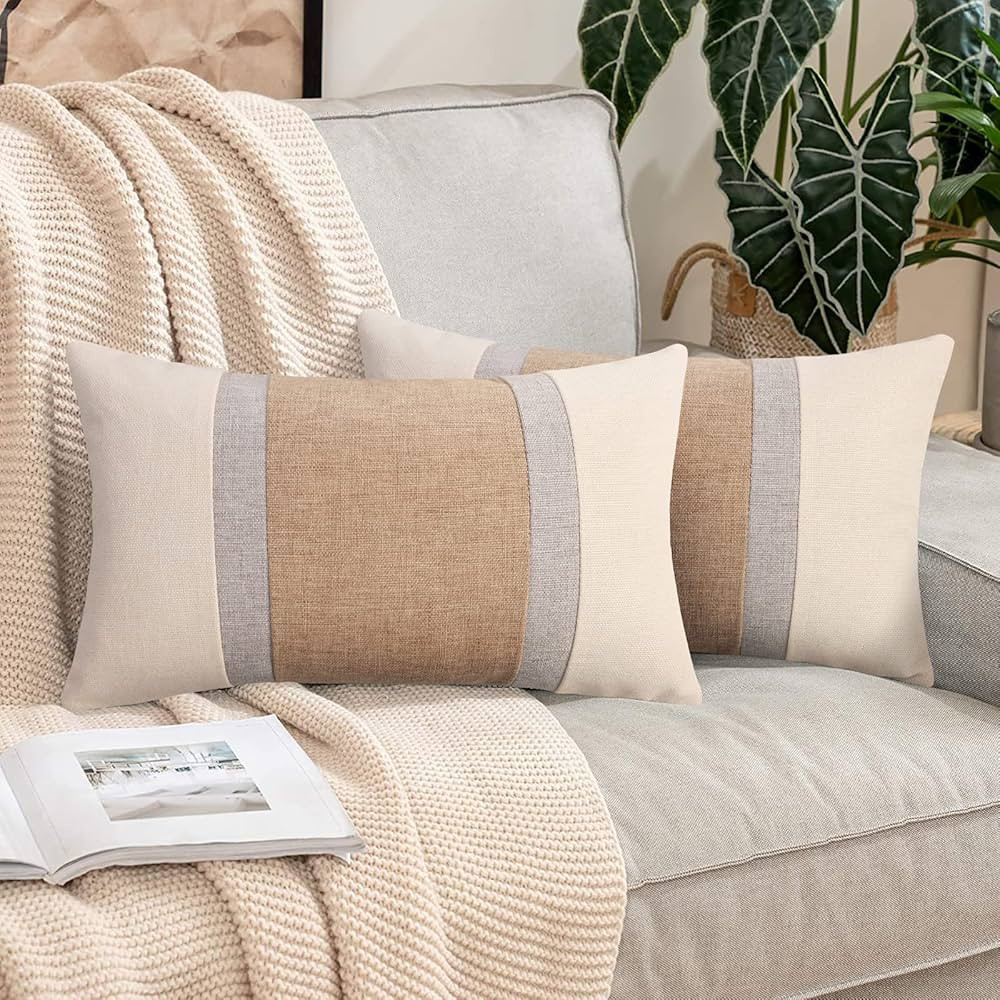 Pyonic Pillow Covers 12x20 Farmhouse Decor Patchwork Linen Throw Lumbar Pillow Covers White and G... | Amazon (US)