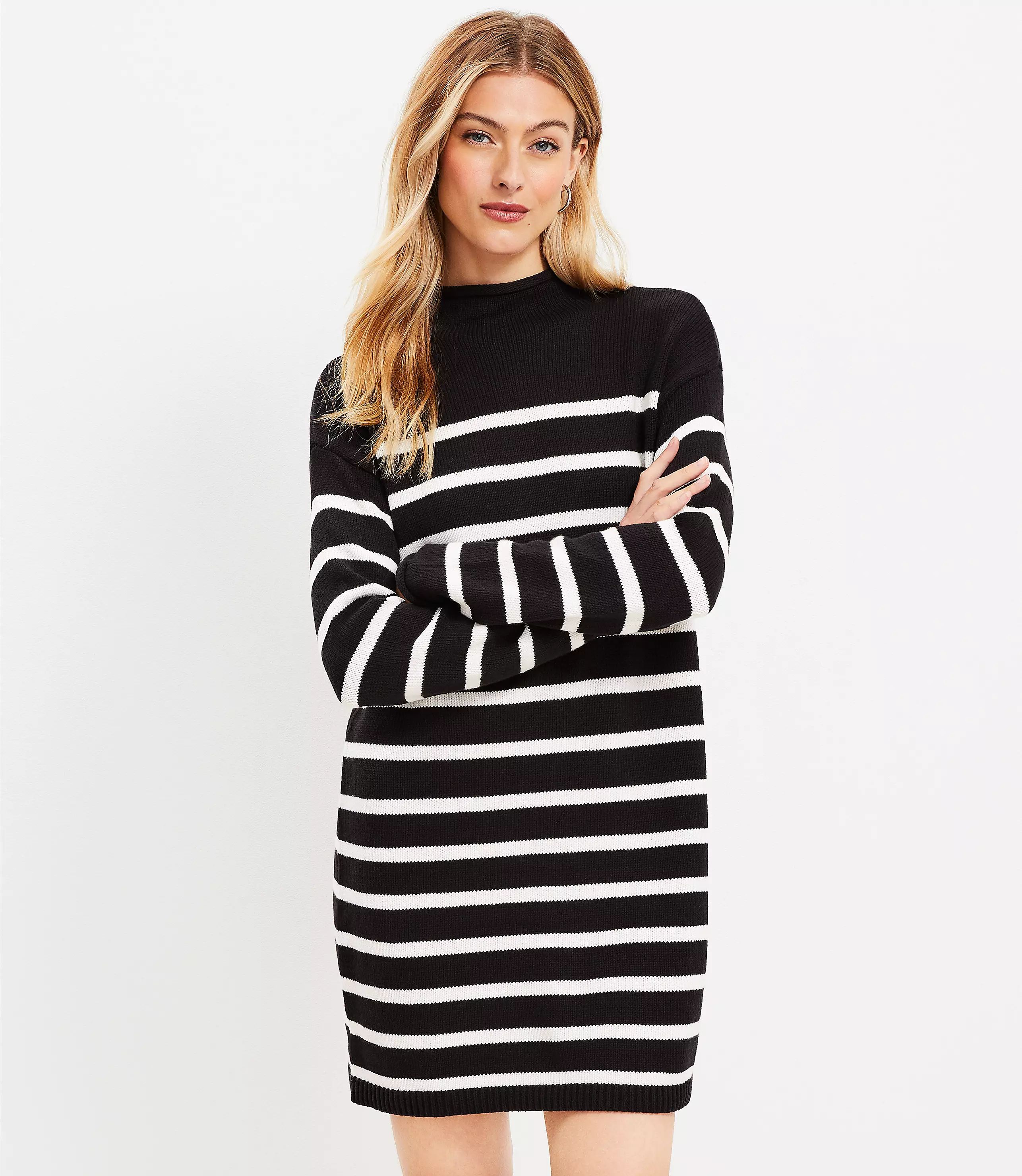 Petite Striped Drop Shoulder Mock Neck Sweater Dress | LOFT