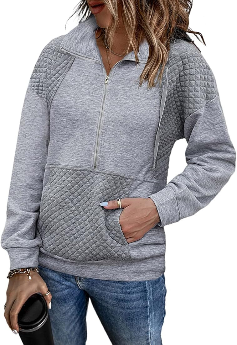 SHEWIN Women's Casual Long Sleeve Lapel Drawstring Half Zip Sweatshirt Quilted Pullover Tops | Amazon (US)