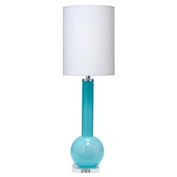 Remi Mid Century Modern White Linen Shade Blue Glass Table Lamp | Kathy Kuo Home