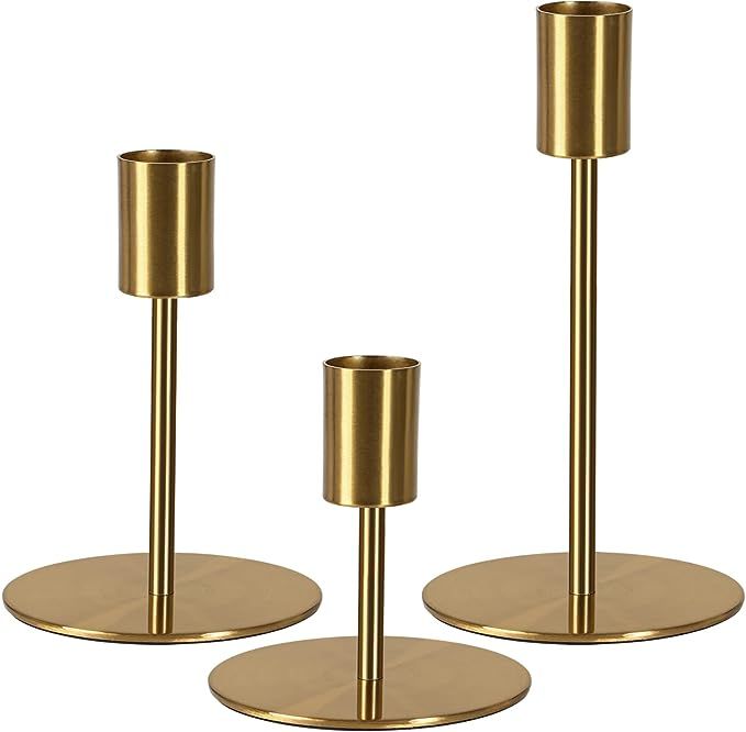 Brass Taper Candle Holders - Set of 3 Antique Brass Finish Candlestick Holder, Modern Rustic Meta... | Amazon (US)