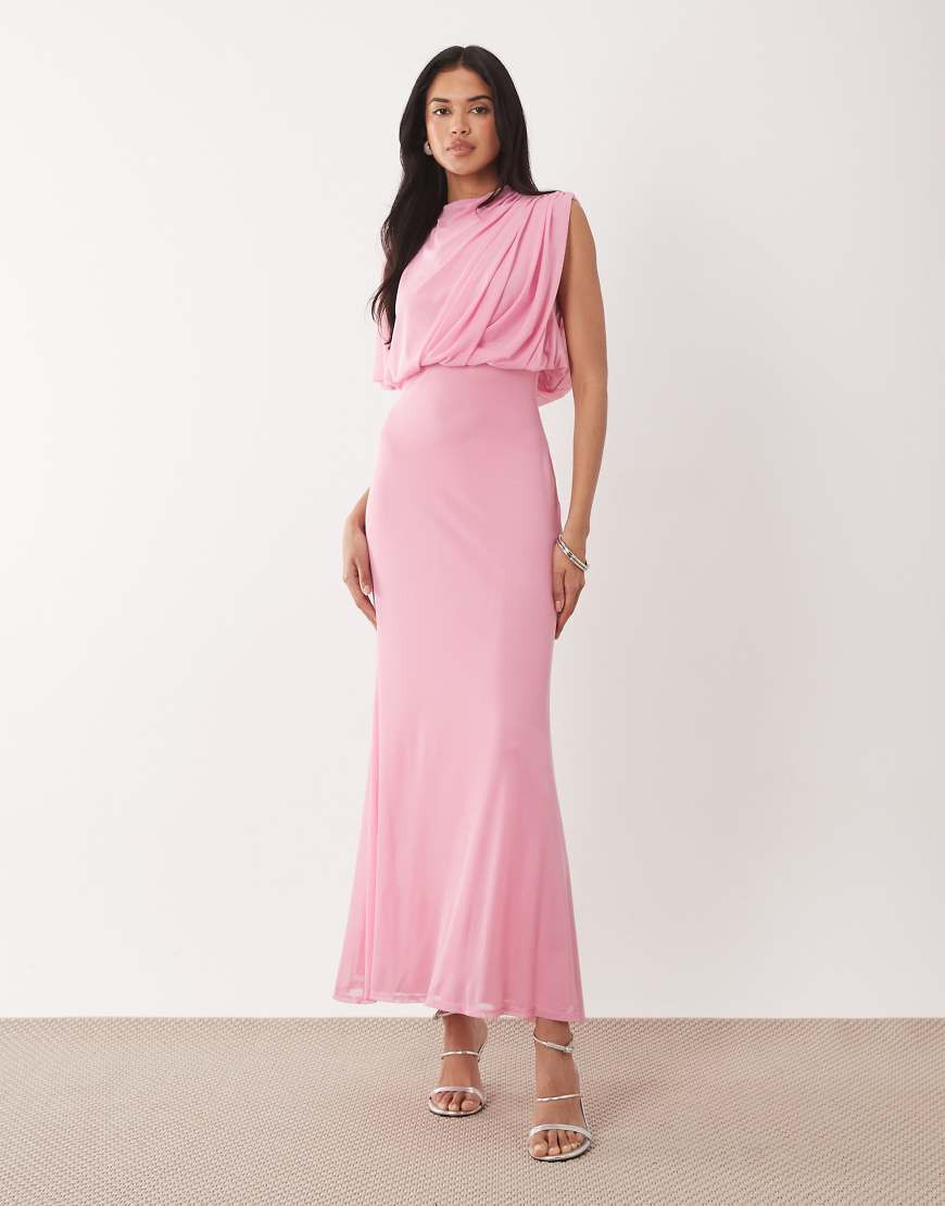 ASOS DESIGN mesh asymmetric cap sleeve blouson bodice midi dress in pink | ASOS (Global)