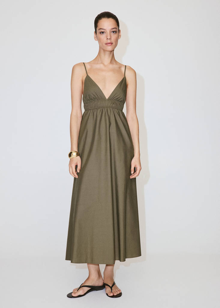 V-neck shirred lyocell dress green - Women - 6 - MANGO | Mango (US/MX/AU)