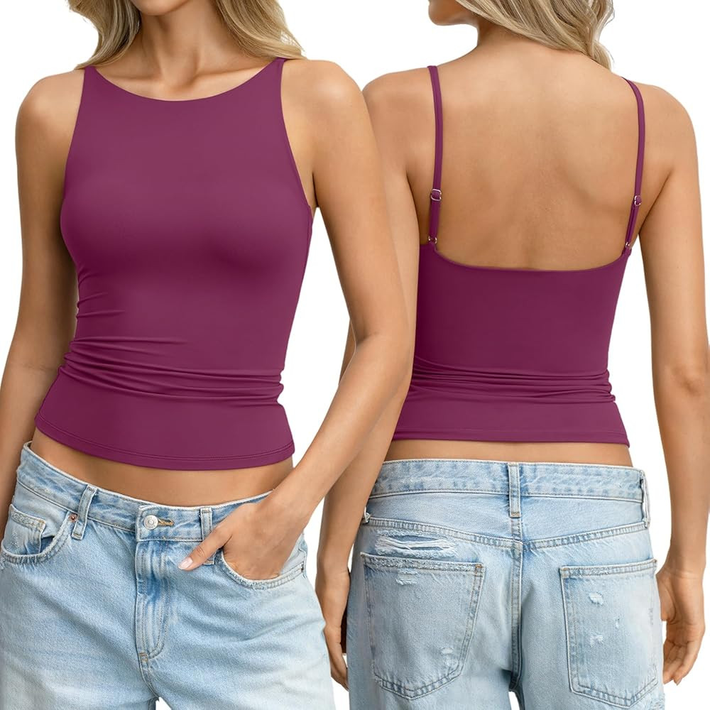 EasyGala Womens Double Lined Boat Neck Tank Top Spaghetti Strap Backless Camisole Fitted Shirt Y2K Summer Going Out Tops | Amazon (US)