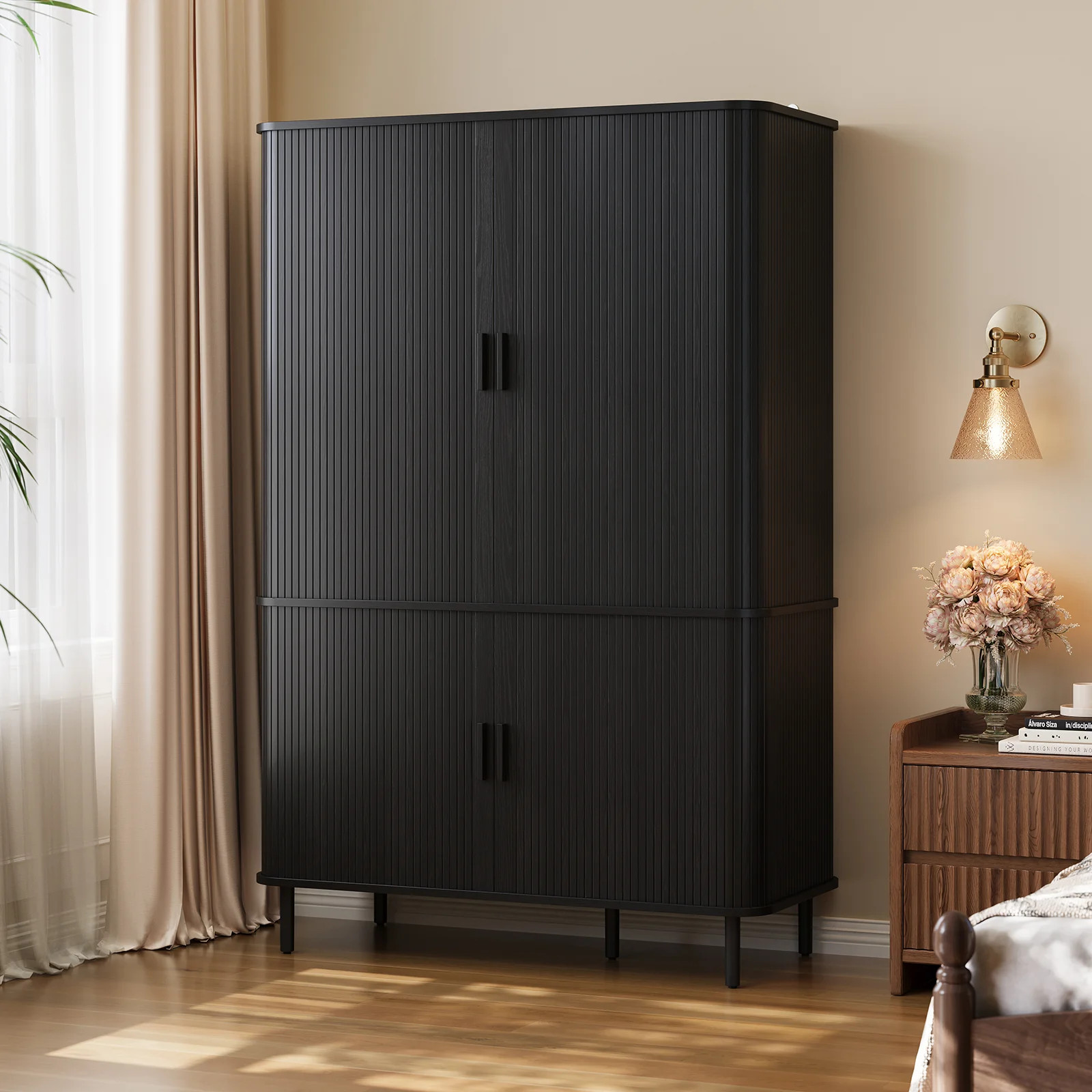 Wardrobe with Tambour Sliding Doors, Drawers and Adjustable Shelf, Mid-Century Armoire with Hanging Rod | Wayfair North America