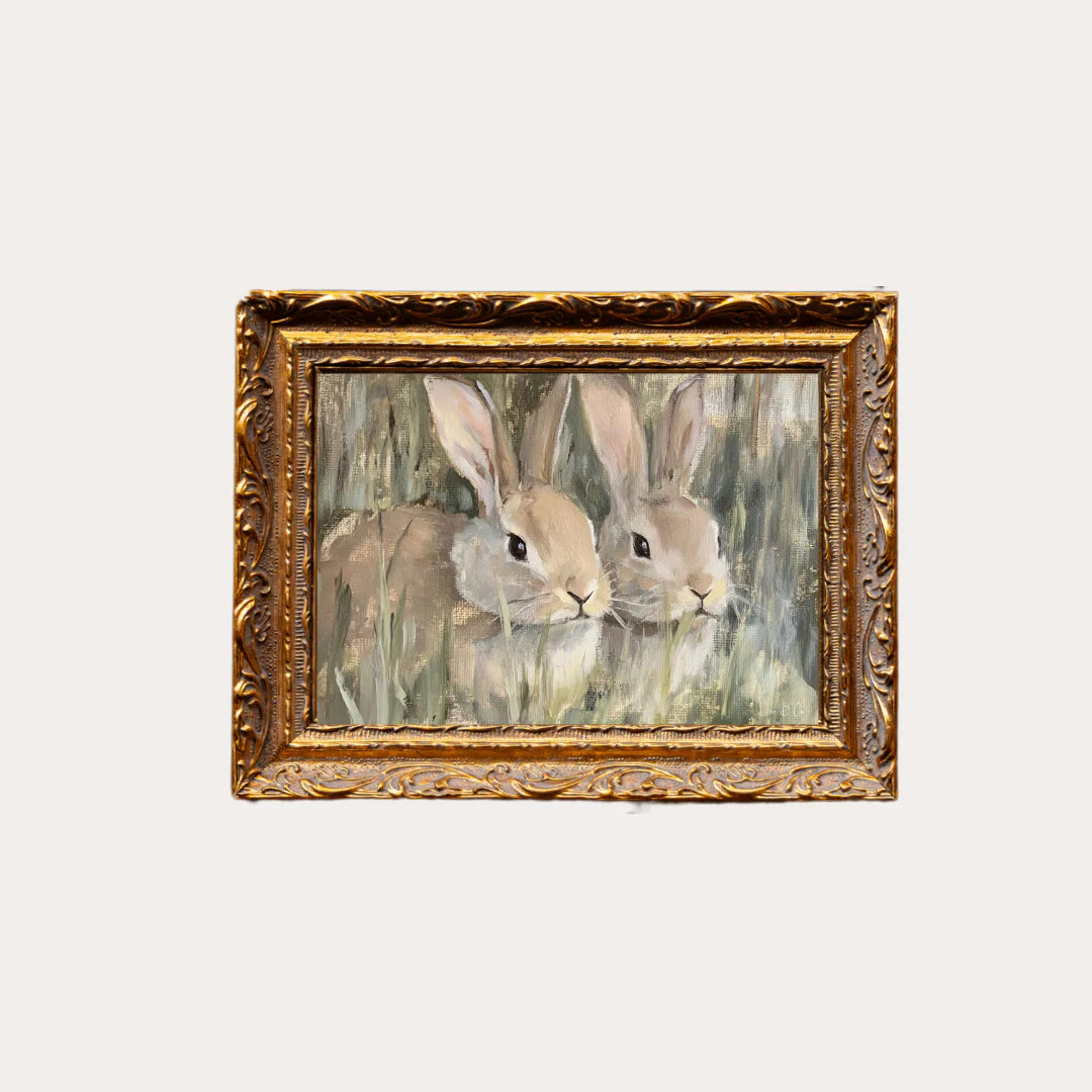 Spring Rabbits | French Brass Inspired Gold Mould Framed Art | luxe bCO
