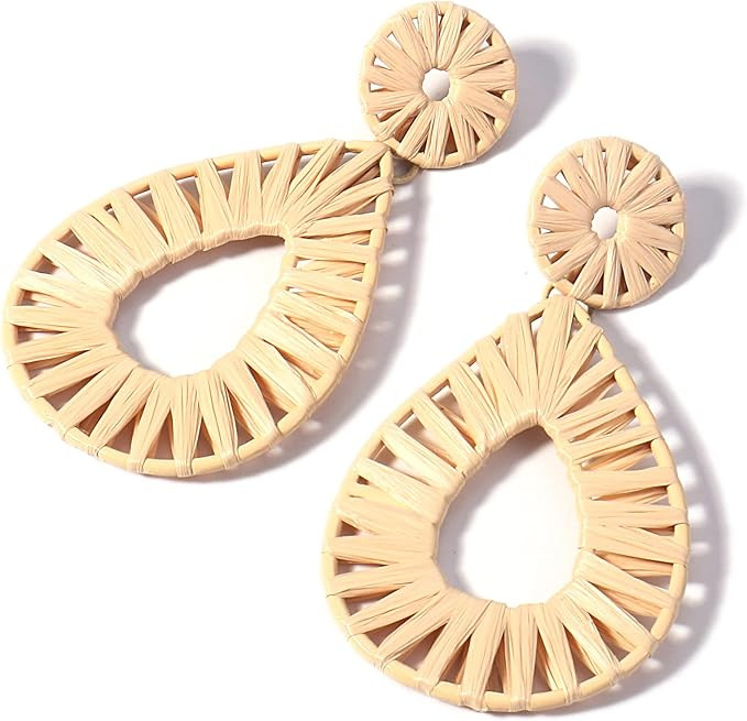 Boho Raffia Earrings Statement Teardrop Earrings Drop Dangle Bohemian Earrings for Women Cute Han... | Amazon (US)