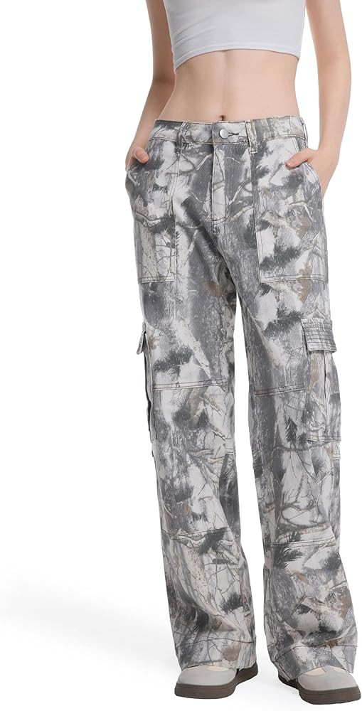 Women Camouflage Cargo Pants Straight Wide Leg Trousers Jeans with Pockets | Amazon (US)