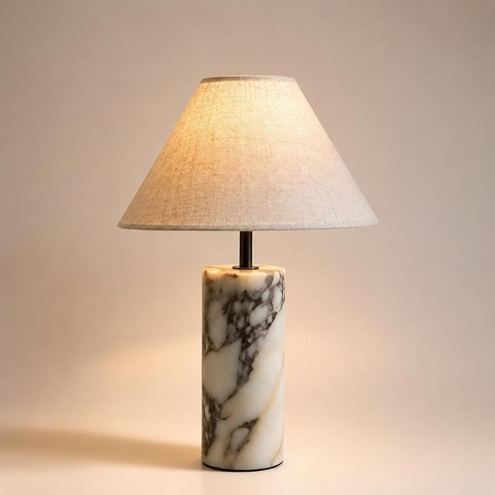 Modern Marble Table Lamp, Natural Stone Bedside Lamp with Linen Fabric Shade, E26 LED Desk Lamp w... | Amazon (US)
