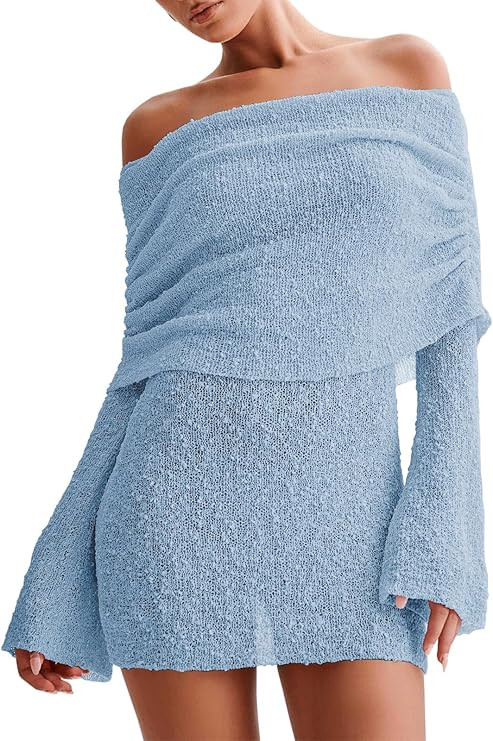 Imily Bela Womens Beach Swimsuit Cover Ups Summer Off The Shoulder Long Bell Sleeve Sheer Mini Dr... | Amazon (US)