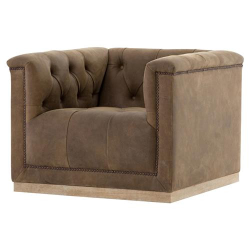 Emmy Rustic Lodge Dark Brown Leather Tufted Nailhead Trim Swivel Club Chair | Kathy Kuo Home