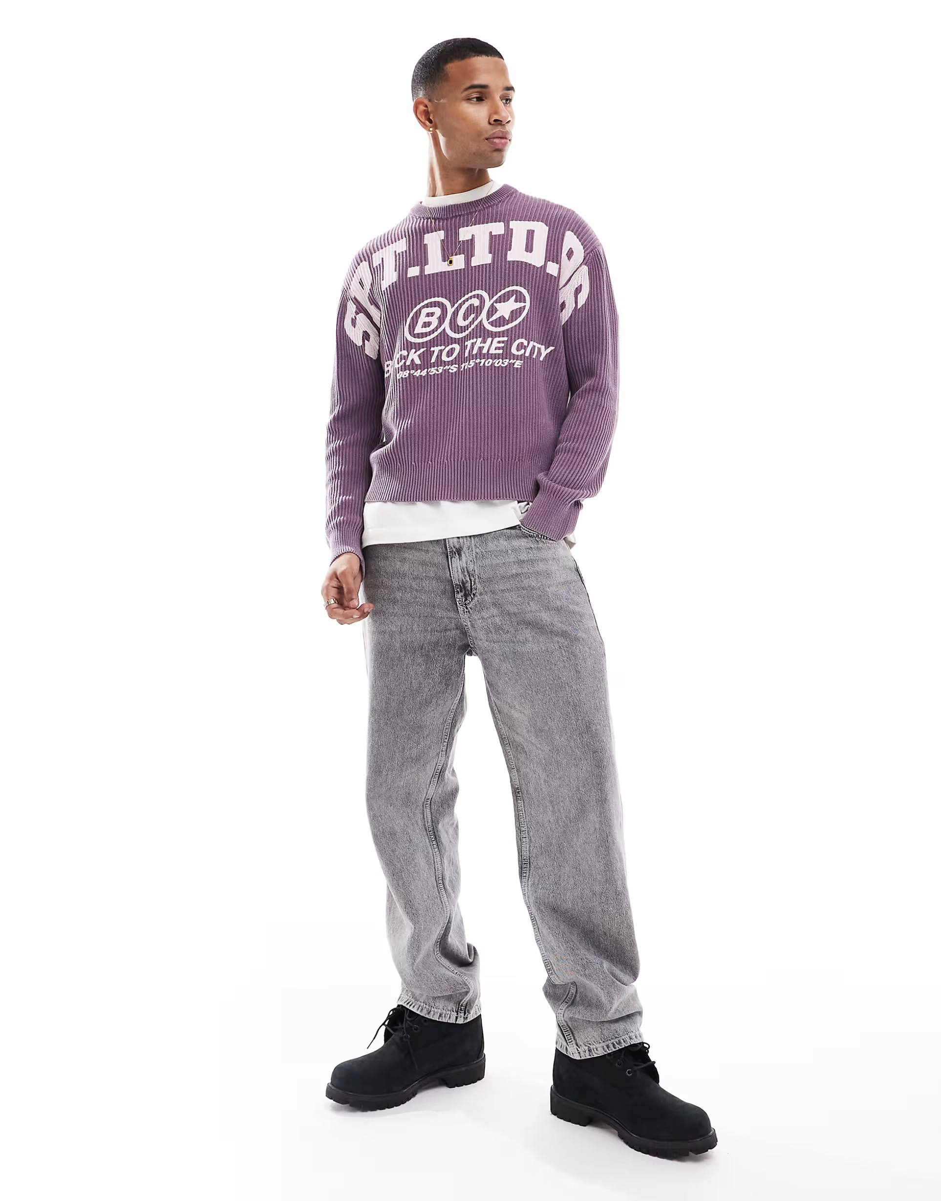 Bershka washed ribbed sweater with graphic in purple | ASOS | ASOS (Global)