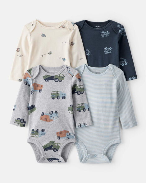 Baby Boy 4-Pack Construction Print Long-Sleeve Multipack Bodysuits - White/Navy Blue | Carter's Inc