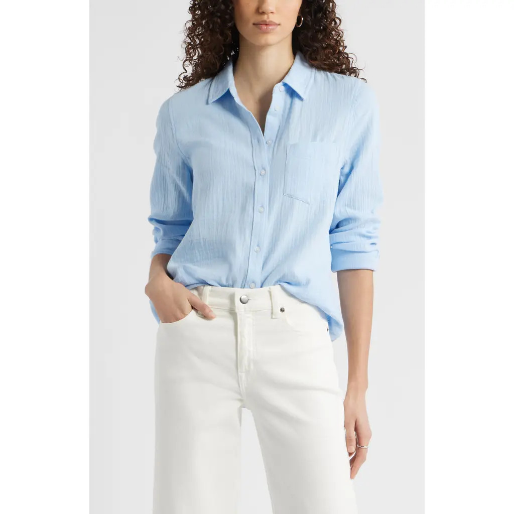 caslon(r) Casual Gauze Button-Up Shirt in Blue Windsurfer at Nordstrom, Size X-Large | Nordstrom