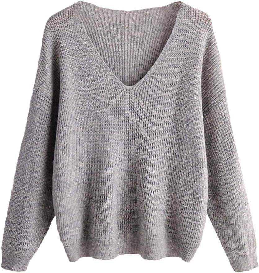 MAKEMECHIC Women's Loose V Neck Drop Shoulder Long Sleeve Jumper Sweater | Amazon (US)