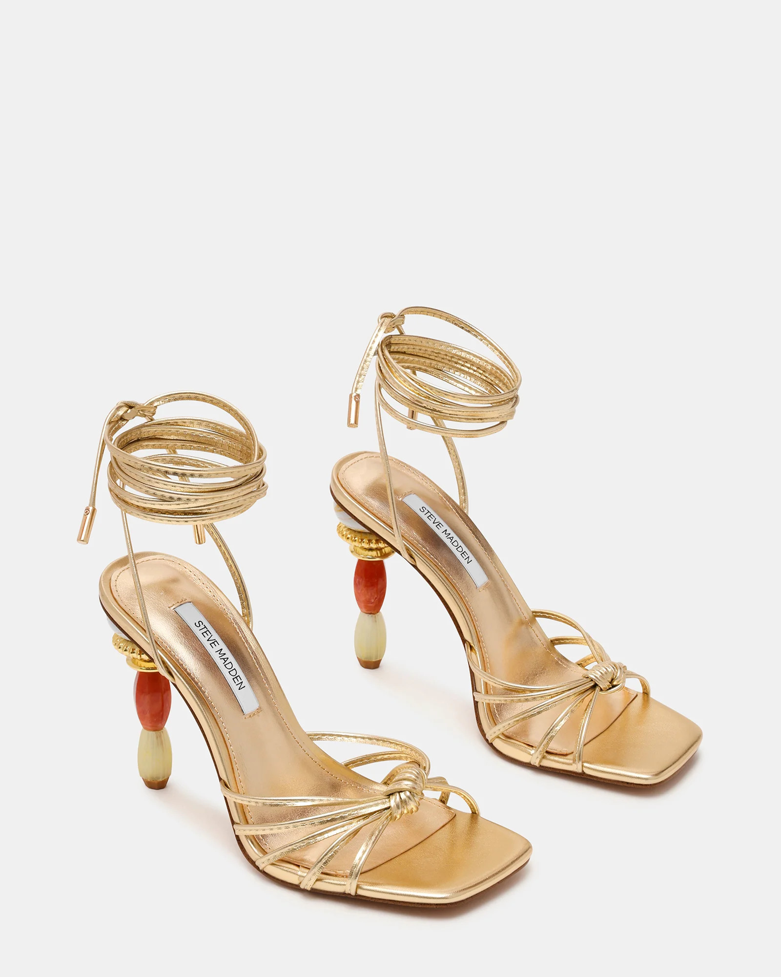 SOLENA Gold Strappy Leg-Tie Square-Toe Women's Sculptured Heel | Steve Madden (US)
