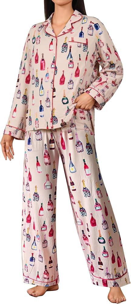 iChunhua Women's Pajamas Set Long Sleeve Sleepwear Soft Button Down Loungewear Nightwear Wide Leg... | Amazon (US)