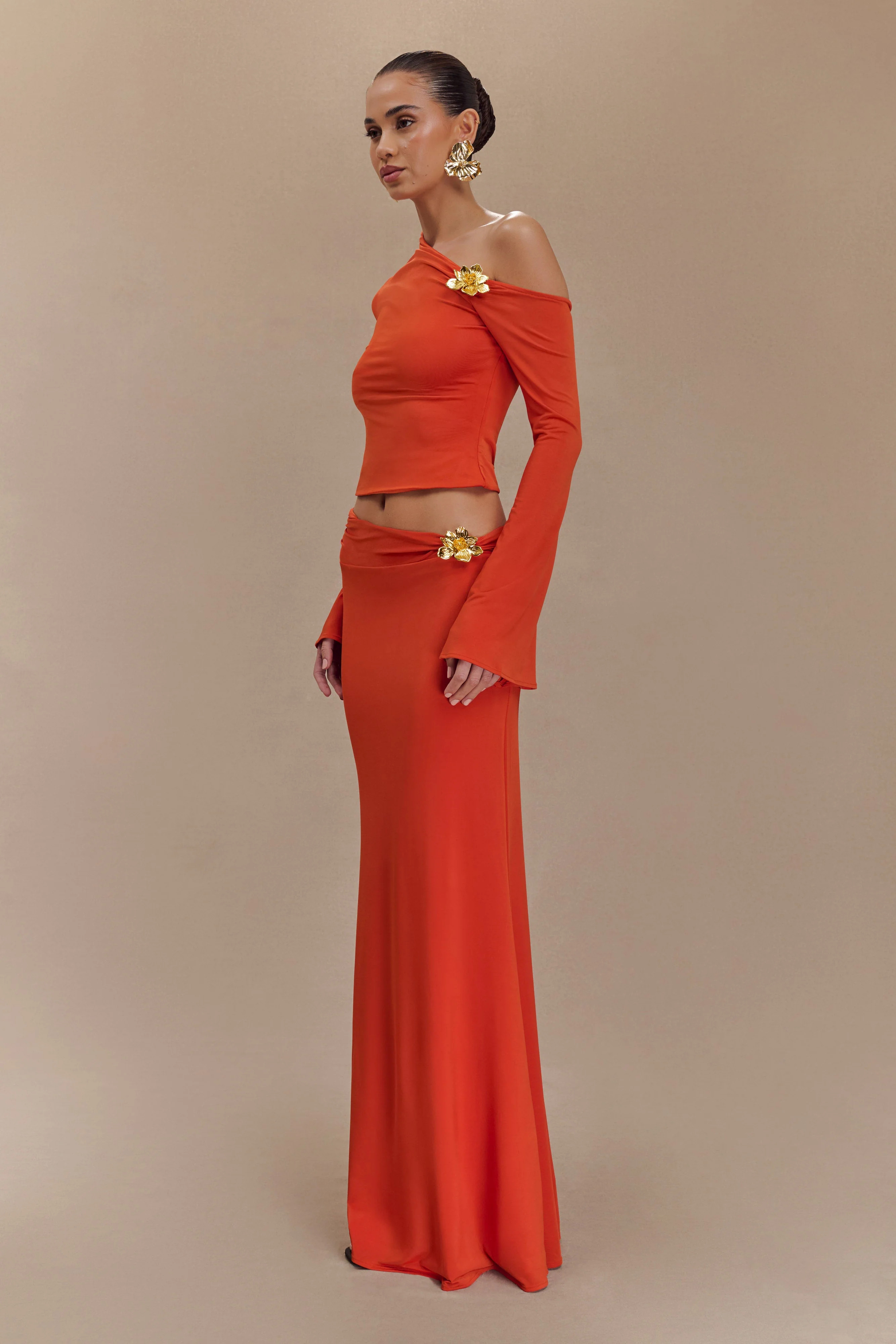 Ainsley Asymmetrical Maxi Skirt With Floral Hardware - Burnt Orange | Meshki (APAC)