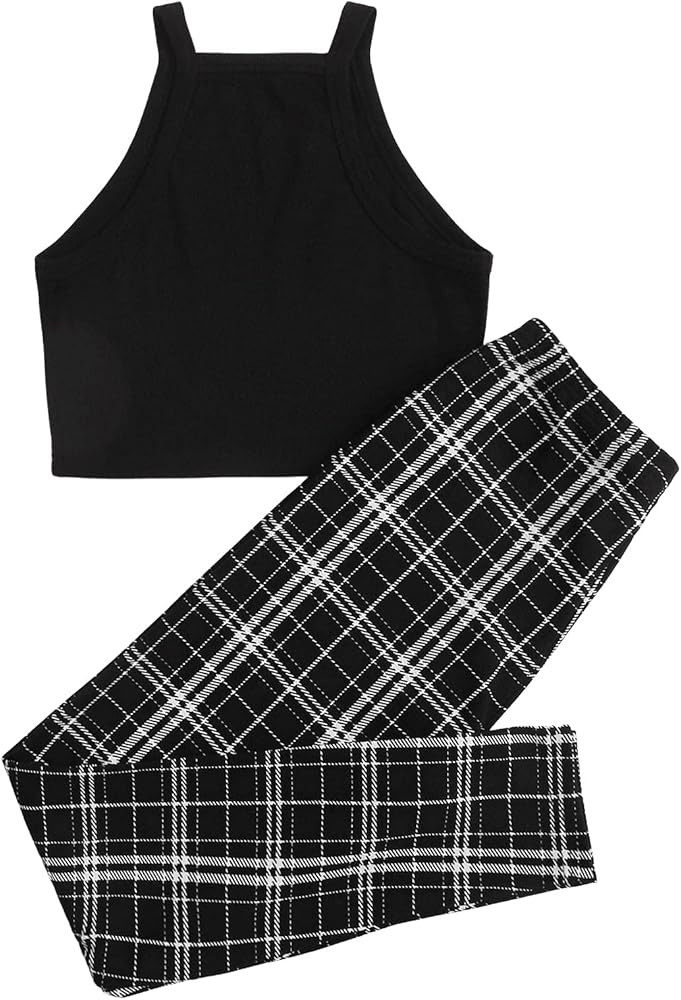 SweatyRocks Women's 2 Piece Crop Halter Top and Plaid Leggings Lounge Tracksuit Set | Amazon (US)