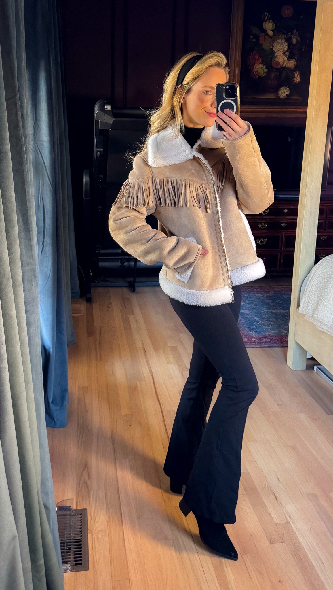 Faux fur coat suede jacket fringe coat winter outfit ski trip deer valley trip utah trip black boots black pants 

#LTKFindsUnder100 #LTKootd #LTKFindsUnder50