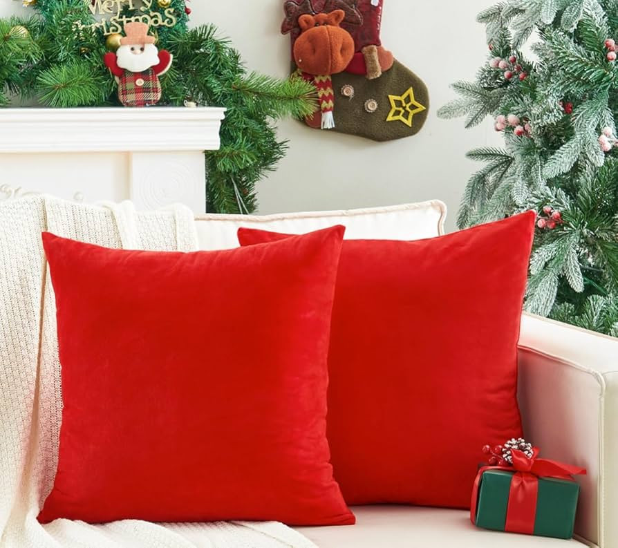 Pack of 2 Christmas Red Pillow Covers 18x18 Inch Decorative Throw Pillow Cover, Velvet Pillowcase... | Amazon (US)