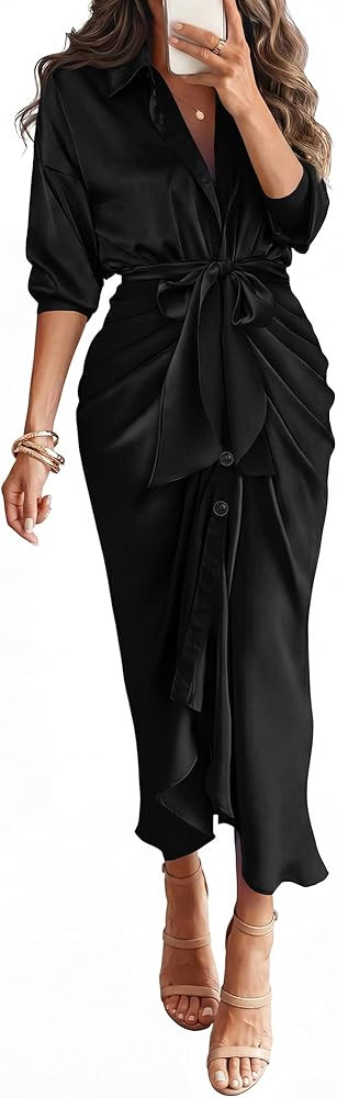 BTFBM Summer Dresses for Women 2026 Long Sleeve V Neck Button Down Elegant Belted Ruched Satin Si... | Amazon (US)