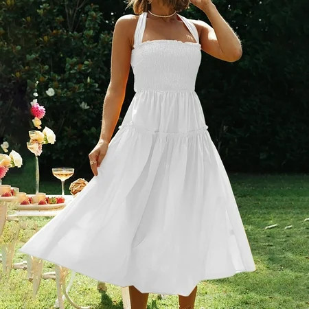 Womens Smocked Halter Maxi Dresses Summer Casual Solid Sleeveless Waist Tiered Long Dress Loose Comf | Walmart (US)