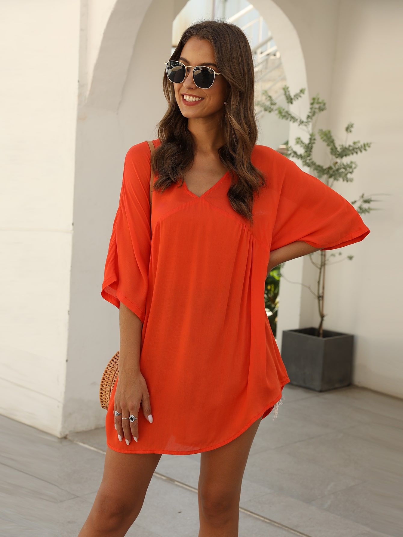 V-neck High Low Tunic Blouse | SHEIN