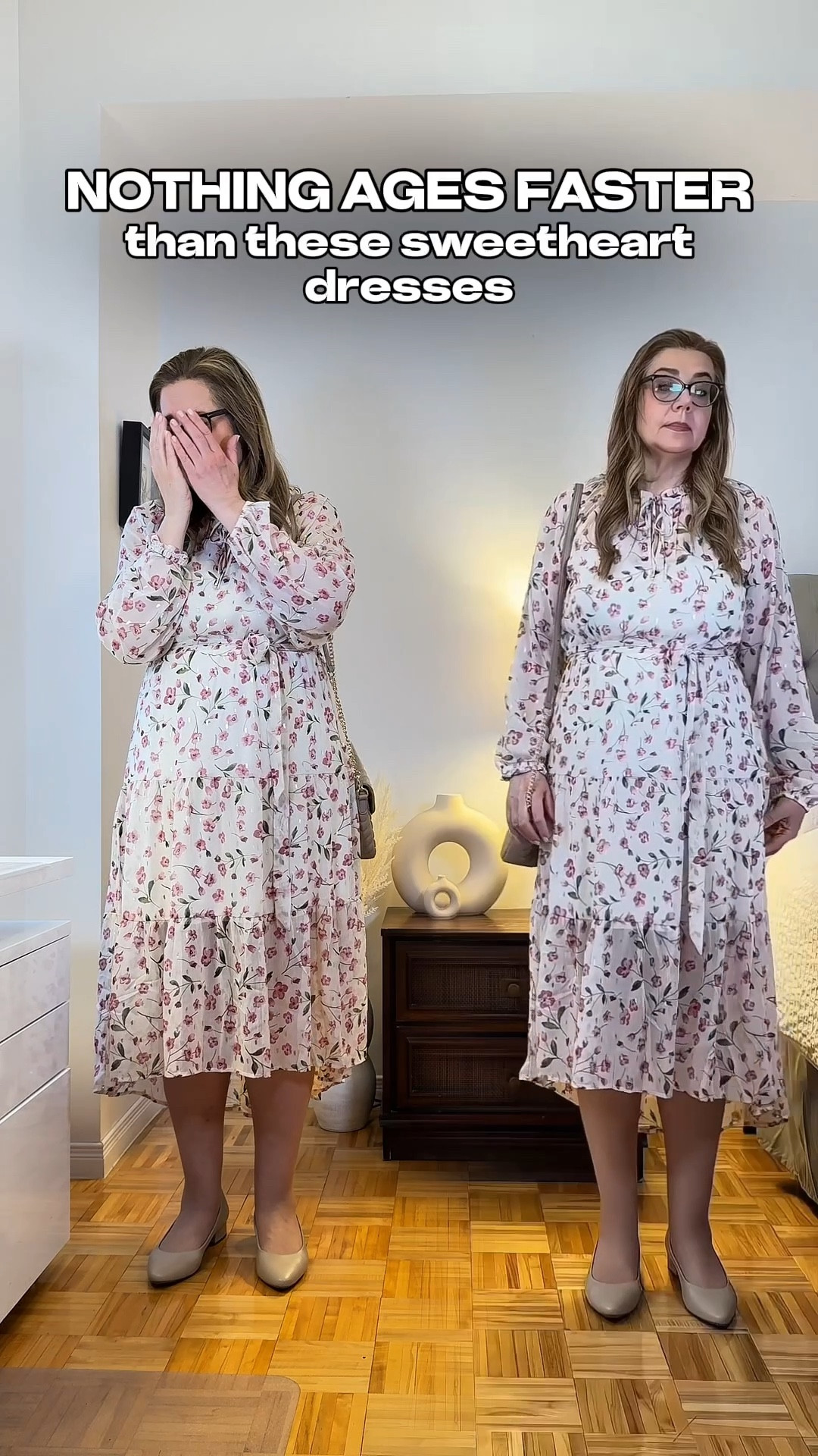 If you love wearing the flowery romantic dresses but don’t want to look dated and unoriginal, you need to style them a little different. Add some structured, sporty, masculine pieces to balance the overly sweet feminine look. For example, add a structured blazer, denim jacket or hoodie, leather jackets or a vest. Swap classic shoes for sneakers or loafers, add a cap and a sporty bag. Don’t forget to add some trendy accessories like cool sunglasses or jewelry.
Comment if you like these tips! Subscribe and follow for more tips on style and beauty for women over 40.

#LTKmidsize #LTKsummer #LTKspring