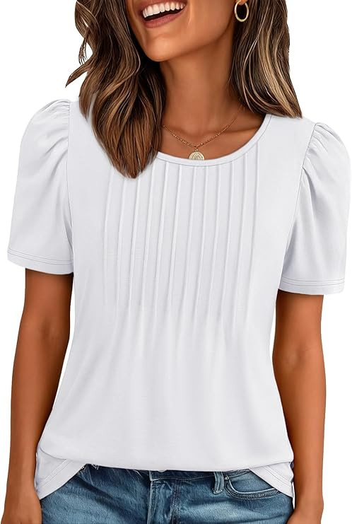 ATHMILE Womens T Shirts Short Sleeve Summer Tops Pleated Dressy Casual Blouses Spring Clothes Bea... | Amazon (US)
