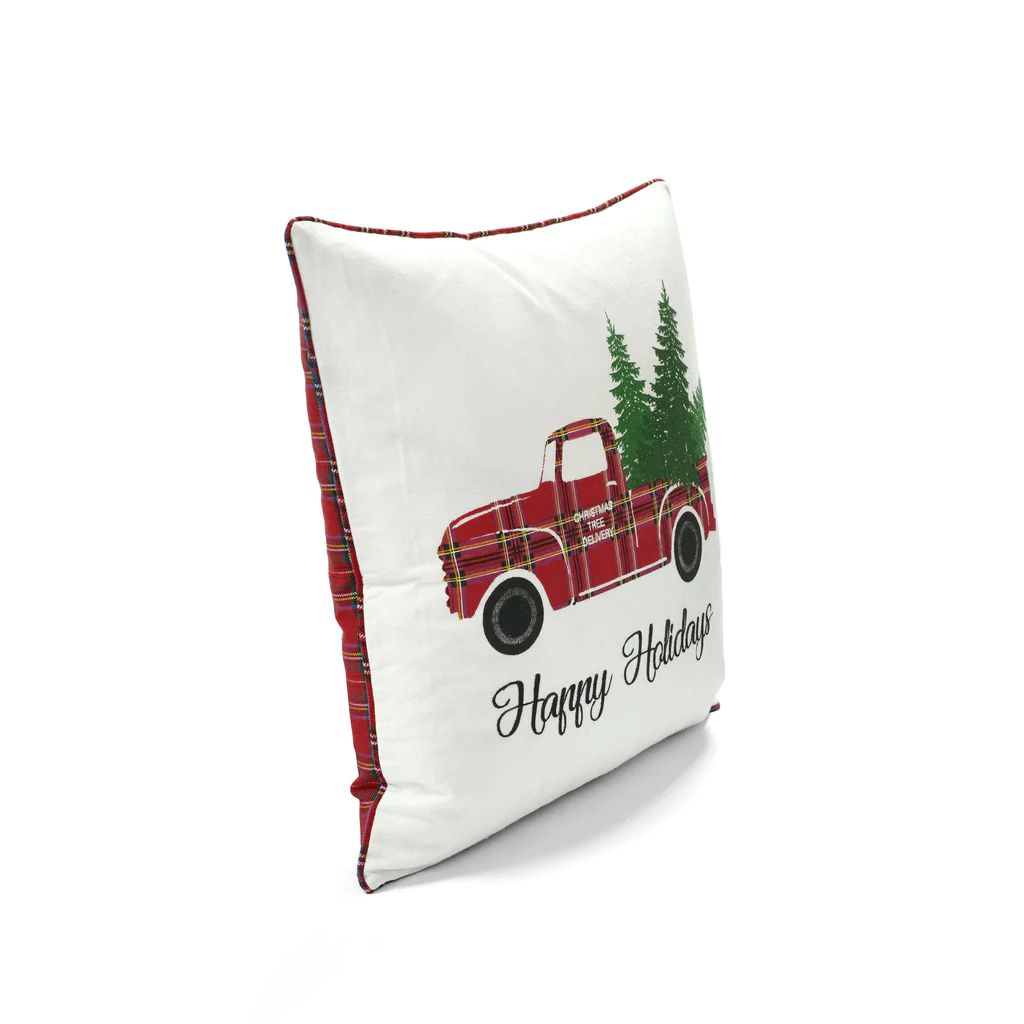 Holiday Truck Plaid Embroidery Script Decorative Pillow Cover | Lush Decor